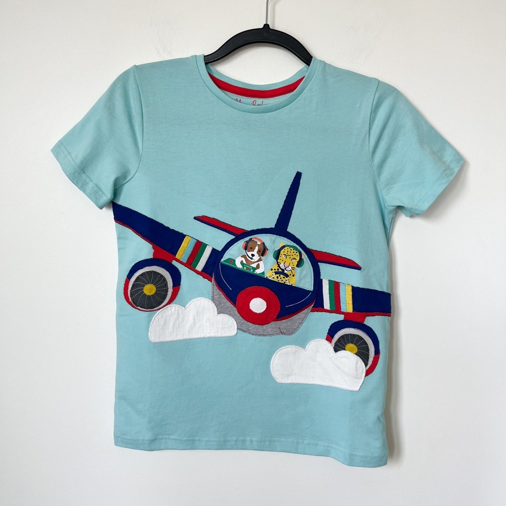 NEW Mini Boden Airplane Applique Short Sleeve Shirt Boys 11/12 Blue